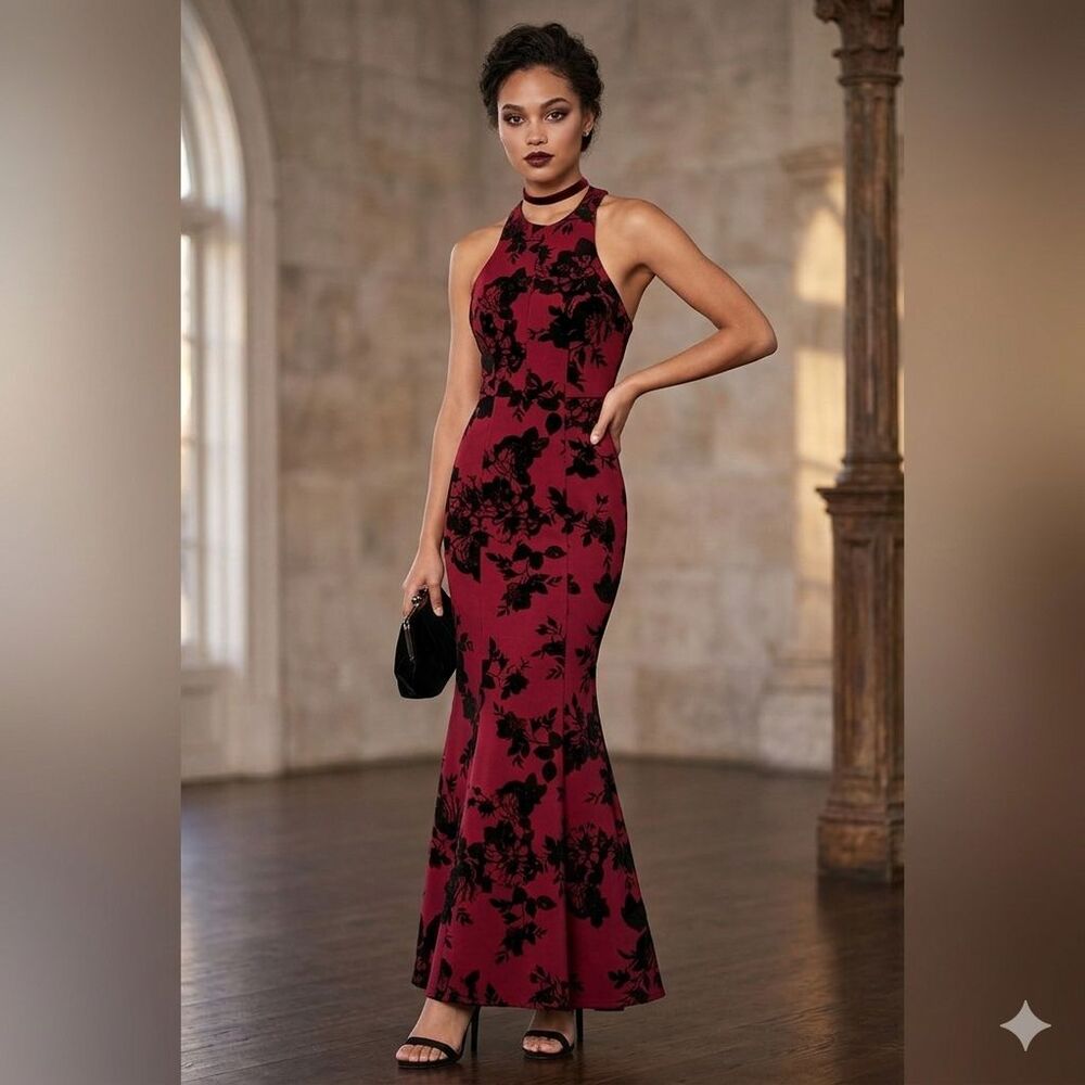 Teeze Me Vintage Red Formal Halter Mermaid Dress Juniors 1 Velvet Floral USA